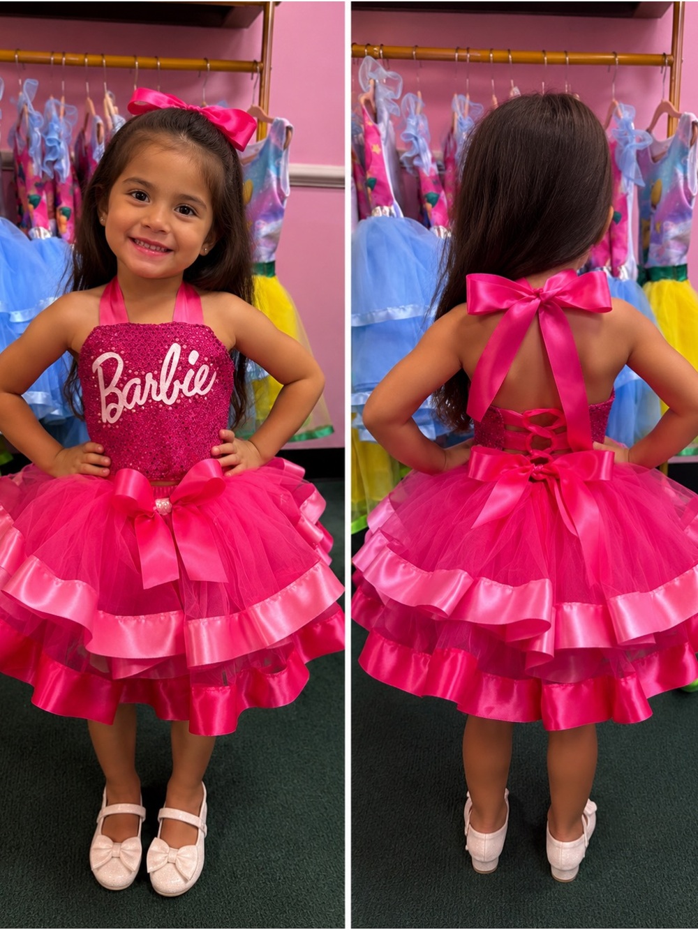 Barbie Bright Pink Sequin Halter Tulle Dress with Bows